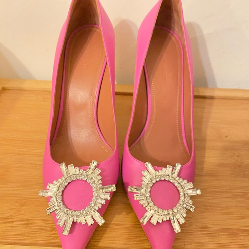Amina Muaddi Pink Heels with Crystal Accents
